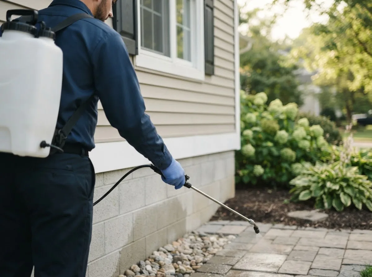 Pest control technician inspecting a home in Sterling, NE
